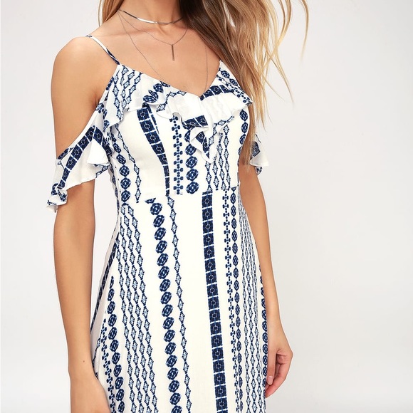 Lulus Brescia Blue and White Print Off-the-Shoulder Maxi Dress XS - Picture 3 of 5